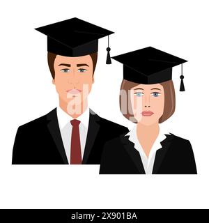 Portrait d'une femme et d'un homme dans une robe d'études supérieures isolé sur fond blanc. Illustration vectorielle Illustration de Vecteur