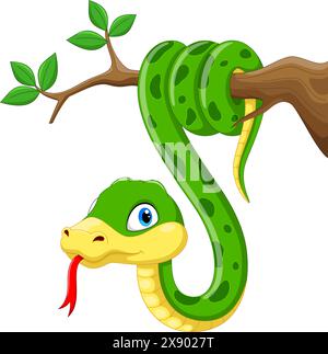 Serpent vert de dessin animé sur branche d'arbre isolé sur fond blanc Illustration de Vecteur