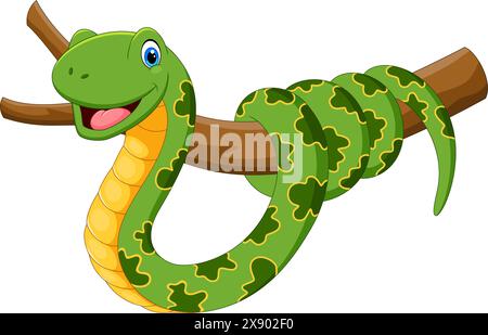 Serpent vert de dessin animé sur branche d'arbre isolé sur fond blanc Illustration de Vecteur