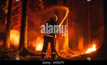 Pompier professionnel éteignant rapidement un feu de forêt à l'aide d'un tuyau d'incendie. Pompier sauvant Wildland d'un feu de broussailles incontrôlable avec un tuyau d'eau. Tiré de derrière, arbres en feu. Banque D'Images