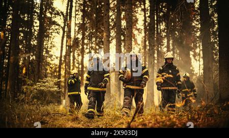 Escouade diversifiée de cinq personnes de pompiers masculins et féminins marchant profondément dans une zone dangereuse Wildland Fire Forest. Chef de groupe donnant des ordres et des instructions sur l'endroit où se déplacer pour éteindre l'incendie. Banque D'Images