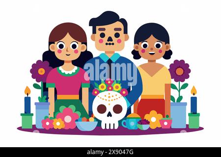 Famille célébrant le jour des morts avec un autel et un crâne. Isolé sur blanc. Concept de Dia de los Muertos, tradition familiale, célébration culturelle, Illustration de Vecteur