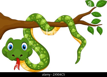 Serpent vert de dessin animé sur branche d'arbre isolé sur fond blanc Illustration de Vecteur