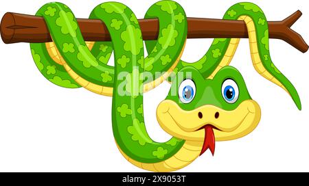 Serpent vert de dessin animé sur branche d'arbre isolé sur fond blanc Illustration de Vecteur