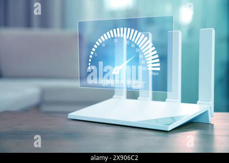 Test de vitesse. Écran virtuel sur routeur Wi-Fi sur table en bois Banque D'Images