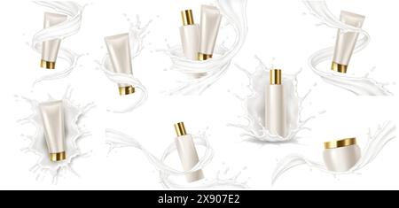 Tourbillons crémeux et divers conteneurs ensemble d'illustration vectorielle réaliste. Produits de soin de la peau annonce des objets 3D sur fond blanc Illustration de Vecteur