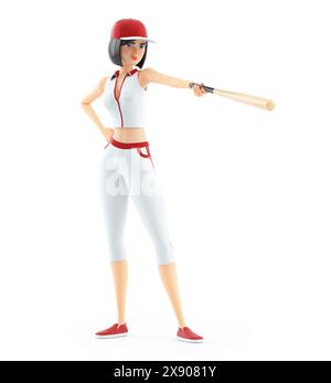 fille de baseball 3d pointant avec une batte, illustration isolée sur fond blanc Banque D'Images