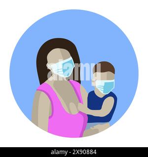 Illustration isolée vectorielle de mère avec enfant dans des masques médicaux. Hôpital de garde d'enfants. Illustration de Vecteur