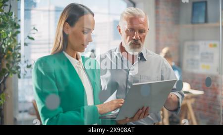 Ingénieur senior expérimenté consulte un jeune concepteur sur un projet dans un bureau de création. Ils ont une discussion et travaillent sur un ordinateur personnel pour améliorer l'expérience utilisateur sur le site Web de l'entreprise Banque D'Images