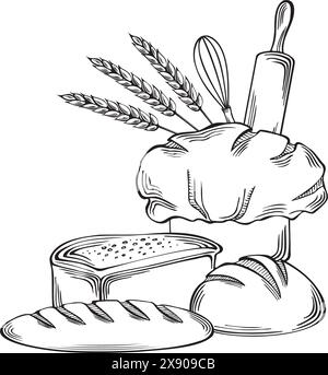 Pain produits de boulangerie avec chapeau de chefs, outils de cuisson et oreilles de blé. Pain français avec rouleau à pâtisserie et fouet. Illustration graphique vectorielle, modèle isolé Illustration de Vecteur