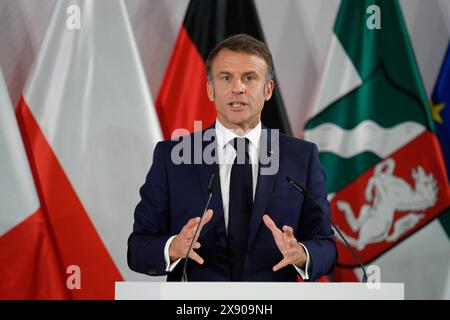 Verleihung Internationaler Preis des Westfaelischen Friedens 2024 Emmanuel Macron BEI seiner Dankresrede nach der Verleihung des westfaelischen Friedenspreis 2024, Muenster, 28.05.2024 Muenster Nordrhein-Westfalen Deutschland *** remise du Prix international de la paix de Westphalie 2024 Emmanuel Macron lors de son discours de la remise du Prix de la paix de la Westphalie 2024, Muenster, 28 05 2024 Muenster Rhénanie du Nord-Westphalie Allemagne Banque D'Images