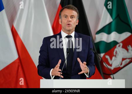 Verleihung Internationaler Preis des Westfaelischen Friedens 2024 Emmanuel Macron BEI seiner Dankresrede nach der Verleihung des westfaelischen Friedenspreis 2024, Muenster, 28.05.2024 Muenster Nordrhein-Westfalen Deutschland *** remise du Prix international de la paix de Westphalie 2024 Emmanuel Macron lors de son discours de la remise du Prix de la paix de la Westphalie 2024, Muenster, 28 05 2024 Muenster Rhénanie du Nord-Westphalie Allemagne Banque D'Images