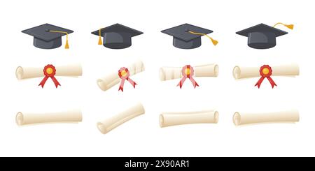 Casquettes de graduation et ensemble de vecteurs de diplômes. Symboles traditionnels de cérémonie de remise des diplômes : diplôme avec ruban et chapeau académique. Illustration de Vecteur