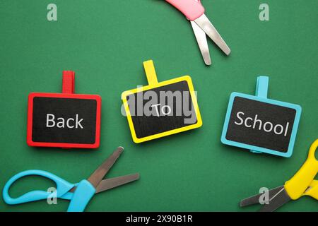 Inscription retour à l'école sur le tableau noir Clothespin sur fond vert. Concept - une nouvelle année académique. Vue de dessus Banque D'Images