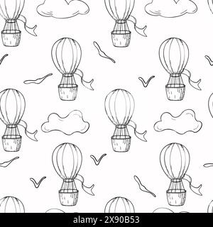 Motif sans couture blanc noir avec des ballons à air chaud. Fond sans fin avec contour de transport aérien, oiseau, nuages encre dessinée à la main. Thème de l'aventure Illustration de Vecteur