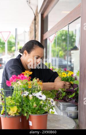 Femme marocaine décorant l'entrée de sa petite entreprise locale avec des plantes et des fleurs Banque D'Images