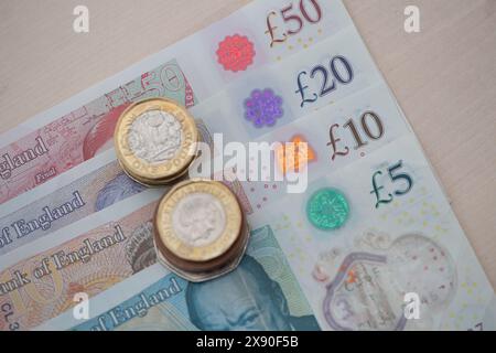 Billets et pièces en livres sterling. De plus en plus de gens utilisent maintenant des cartes de crédit et de débit pour la commodité plutôt que de l'argent comptant. Crédit : Maureen McLean/Alamy Banque D'Images