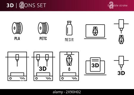 les icônes d'imprimante 3d conçues dans le style dessin au trait peuvent être utilisées pour le web et l'impression, trait modifiable Illustration de Vecteur