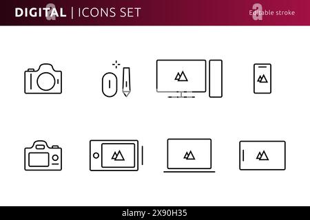 Les icônes d'outils numériques conçues dans le style dessin au trait peuvent être utilisées pour le Web et l'impression, trait modifiable Illustration de Vecteur