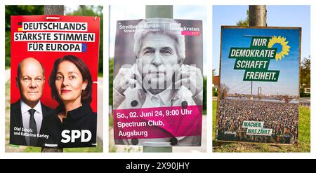 28 mai 2024 : affiches électorales pour les élections européennes de 2024 des partis de feux de signalisation allemands SPD, FDP, Verts. Feu de circulation gouvernement dans la campagne électorale image symbolique. PHOTOMONTAGE *** Wahlplakate zur Europawahl 2024 der deutschen Ampelparteien SPD, FDP, Die Grünen. Ampel Regierung im Wahlkampf Symbolbild. FOTOMONTAGE Banque D'Images