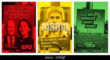 28 mai 2024 : affiches électorales pour les élections européennes de 2024 des partis de feux de signalisation allemands SPD, FDP, Verts. Feu de circulation gouvernement dans la campagne électorale image symbolique. PHOTOMONTAGE *** Wahlplakate zur Europawahl 2024 der deutschen Ampelparteien SPD, FDP, Die Grünen. Ampel Regierung im Wahlkampf Symbolbild. FOTOMONTAGE Banque D'Images