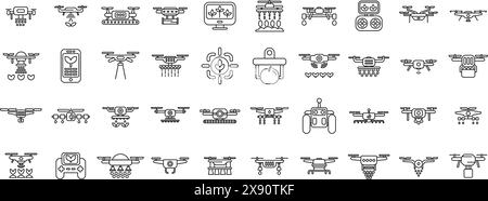 Drones dans l'agriculture icônes set vecteur. Une collection de différents types de drones et autres engins volants. Certains des drones sont petits et d'autres sont grands Illustration de Vecteur