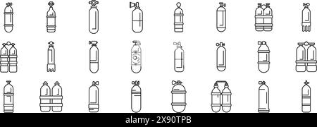 Les icônes de cylindres de plongée définissent le vecteur. Une collection de différents types de bouteilles de gaz. Certains portent les lettres J et J. les cylindres sont tous alignés sur une rangée Illustration de Vecteur