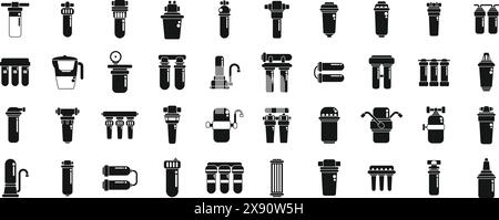 Filtre pour les icônes de purification de l'eau définir vecteur. Une collection d'icônes noires et blanches de divers systèmes de filtration d'eau. Les icônes sont disposées dans une grille, certaines se chevauchant. La scène est une scène d'organisation et de clarté Illustration de Vecteur