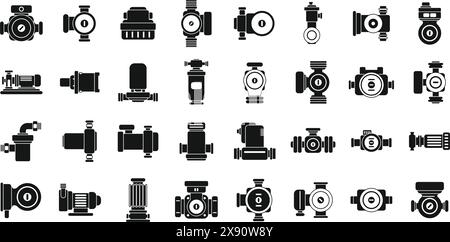 Les icônes de pompe de circulation d'eau définissent le vecteur. Une collection d'icônes noires et blanches de divers équipements de plomberie et électriques. Les icônes sont disposées dans une grille, certaines se chevauchant. La scène est celle de l'organisation et de l'ordre Illustration de Vecteur