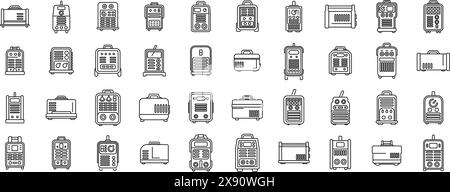 Icônes de machine à souder définir vecteur. Une collection de divers appareils et outils, y compris un grille-pain, un four et un micro-ondes. L'image est une collection d'icônes qui représentent différents types d'appareils et d'outils Illustration de Vecteur