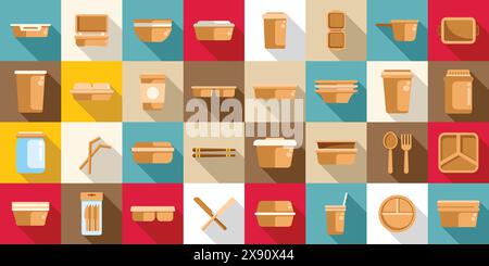 Vecteur de jeu d'icônes de vaisselle biodégradable. Une collection de divers récipients alimentaires et ustensiles. L'image est une collection de différentes formes et tailles de contenants, y compris des bols, des tasses et des cuillères Illustration de Vecteur