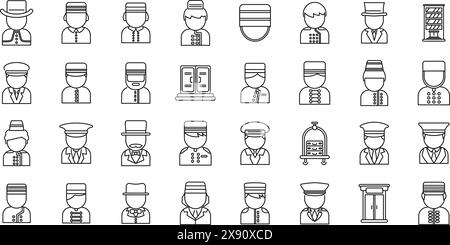 Icônes de portier définir vecteur. Une collection d'icônes en noir et blanc de personnes dans diverses professions. Les icônes incluent un homme dans un chapeau Illustration de Vecteur