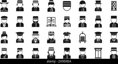 Icônes de portier définir vecteur. Une collection d'icônes en noir et blanc de personnes dans diverses professions. Les icônes incluent un homme dans un chapeau Illustration de Vecteur