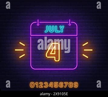 Affiche calendrier néon 4 juillet sur fond de mur de briques. Modèle avec numéros jaune néon. Illustration de Vecteur