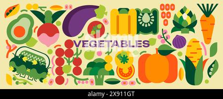 Illustration alimentaire vectorielle de légumes simples. Tomates cerises, betteraves, maïs, poivrons, aubergines, concombres, brocolis, carottes, citrouilles, avocats, oignons Illustration de Vecteur