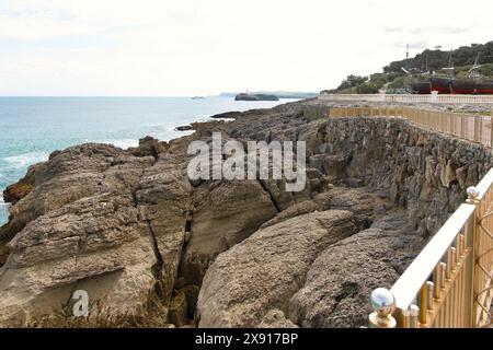 Navire-hôpital Juan de la Cosa en mer quittant la baie pour un exercice de pratique de sauvetage passant l'île de Moors et le phare Santander Cantabrie Espagne Banque D'Images