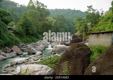 La rivière Jaldhaka, également connue sous le nom de Dichu, est un affluent du Brahmapoutre et un fleuve transfrontalier qui traverse l'Inde, le Bhoutan et le Bangladesh Banque D'Images