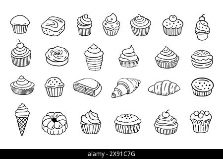 Menu pâtisserie sucrée desserts gâteaux Doodle Icons Set Illustration de Vecteur