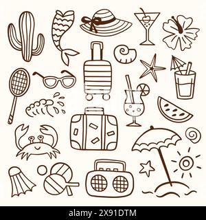 Ensemble de formes de plage dessinées à la main par Doodle d'été Illustration de Vecteur