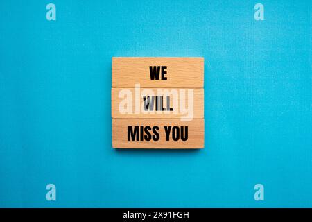 Vous nous manquerez des mots écrits sur des blocs de bois avec fond bleu. Conceptuel, vous nous manquerez symbole. Copier l'espace. Banque D'Images