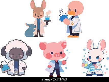 Pack d'illustrations qui combine des images animales qui imitent les scientifiques professionnels dans le laboratoire Illustration de Vecteur