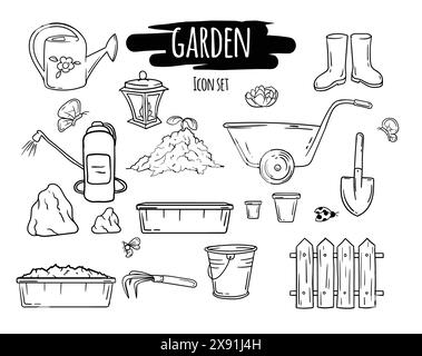 Illustration vectorielle en noir et blanc des articles pour le jardin et le potager. Ensemble d'icônes d'outils et de plantes, Illustration de Vecteur