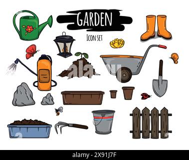 Illustration vectorielle lumineuse d'articles pour le jardin et le potager. Ensemble d'icônes d'outils et de plantes, Illustration de Vecteur