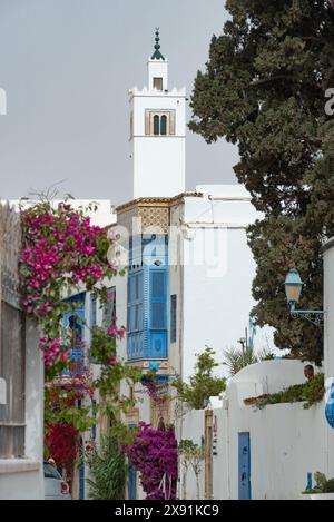 Mosquée minaret dans la rue étroite de la belle falaise village de Sido Bou Said, connu pour son architecture bleue et blanche traditionnelle et Med Banque D'Images