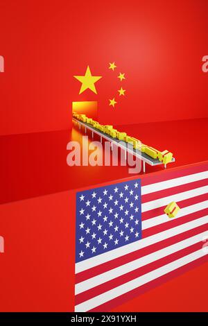 Commerce entre la Chine et les États-Unis concept : la Chine déverse de nombreux produits bon marché aux États-Unis. Beaucoup de paquets tombant à la fin d'un pr Banque D'Images