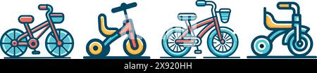 Un ensemble de vélos pour les personnes de différents âges dans un style plat, des couleurs discrètes, des loisirs et du vélo Illustration de Vecteur