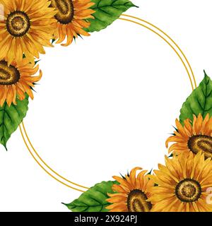 Cadre rond de tournesols aquarelle. Cadre de couronne avec des fleurs jaunes. Composition florale estivale. Arrangement de fleurs d'automne. Botanique dessiné à la main Banque D'Images