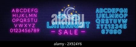 Late Night Sale Neon Sign sur fond de mur de briques. Illustration de Vecteur