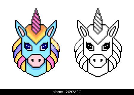 Licorne dans le style d'art pixel sur fond blanc. Illustration de Vecteur