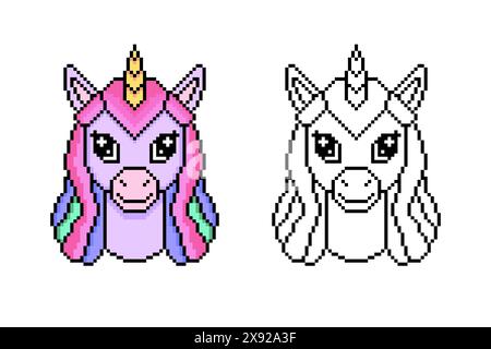 Licorne dans le style d'art pixel sur fond blanc. Illustration de Vecteur